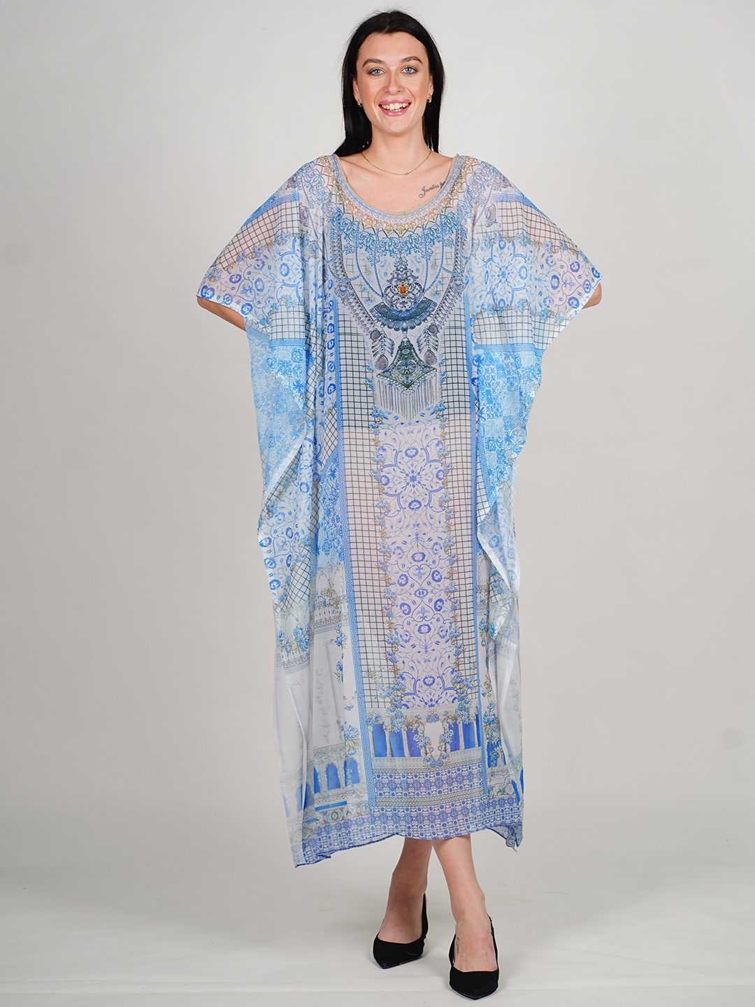 

Rajoria Instyle Floral Printed Flared Sleeve Georgette Kaftan Midi Dress, Blue