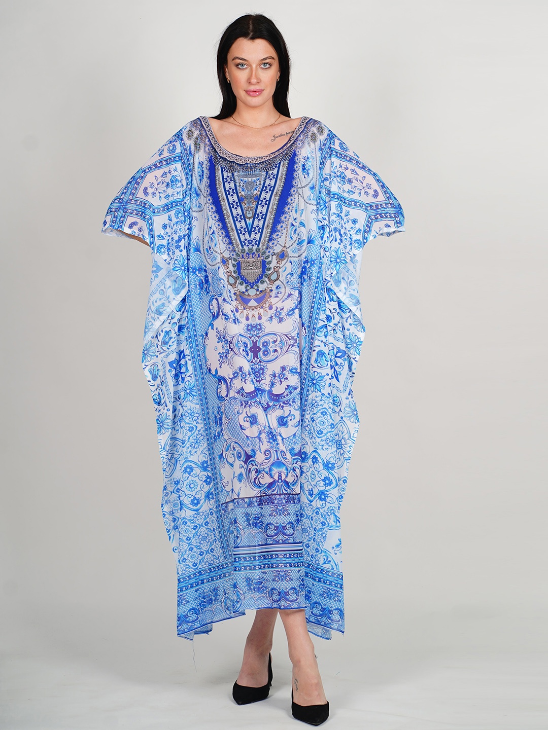 

Rajoria Instyle Ethnic Motifs Printed Extended Sleeves Georgette Kaftan Midi Dress, Blue