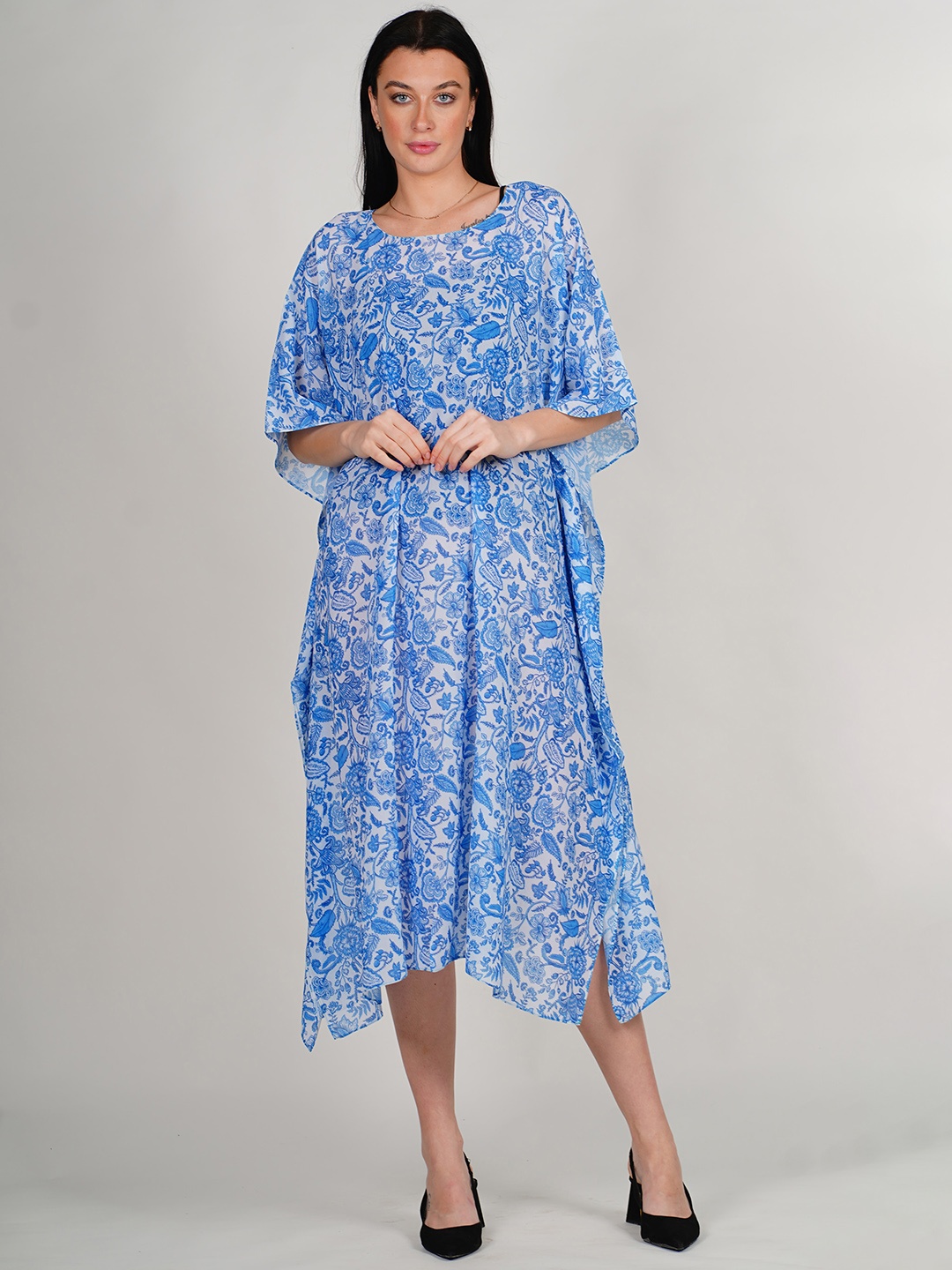 Rajoria Instyle Floral Printed Kimono Sleeves Georgette Kaftan Swimwear Cover Up Dress, Blue