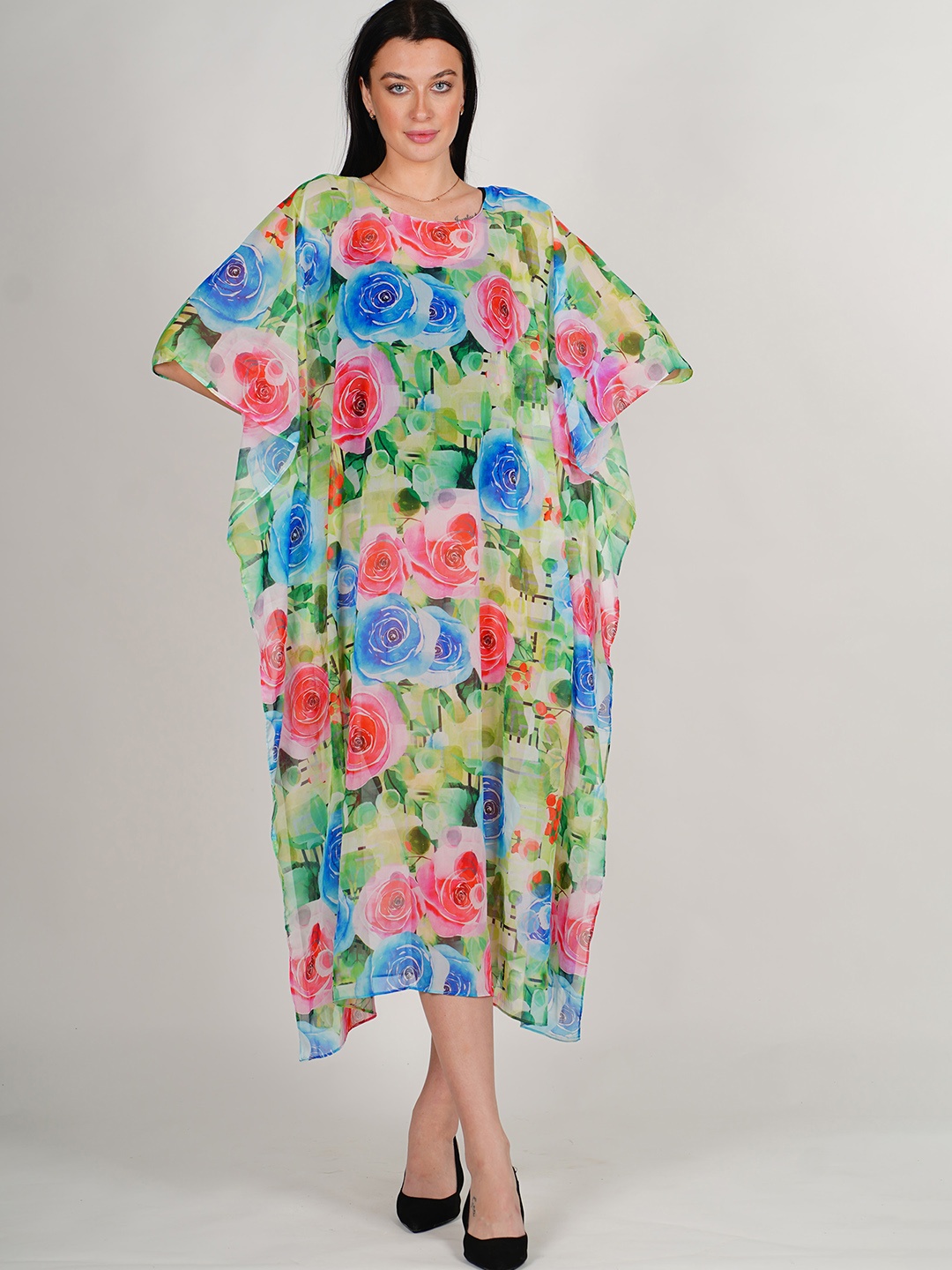 

Rajoria Instyle Floral Print Kimono Sleeve Georgette Kaftan Midi Dress, Green