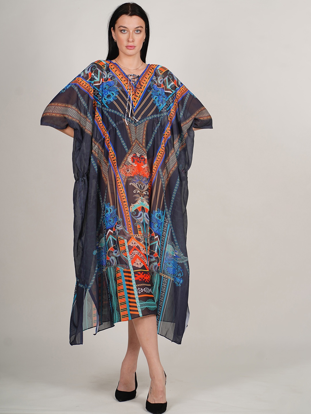 

Rajoria Instyle Ethnic Motifs Printed Kimono Sleeves Kaftan Swimwear Cover Up Dress, Black