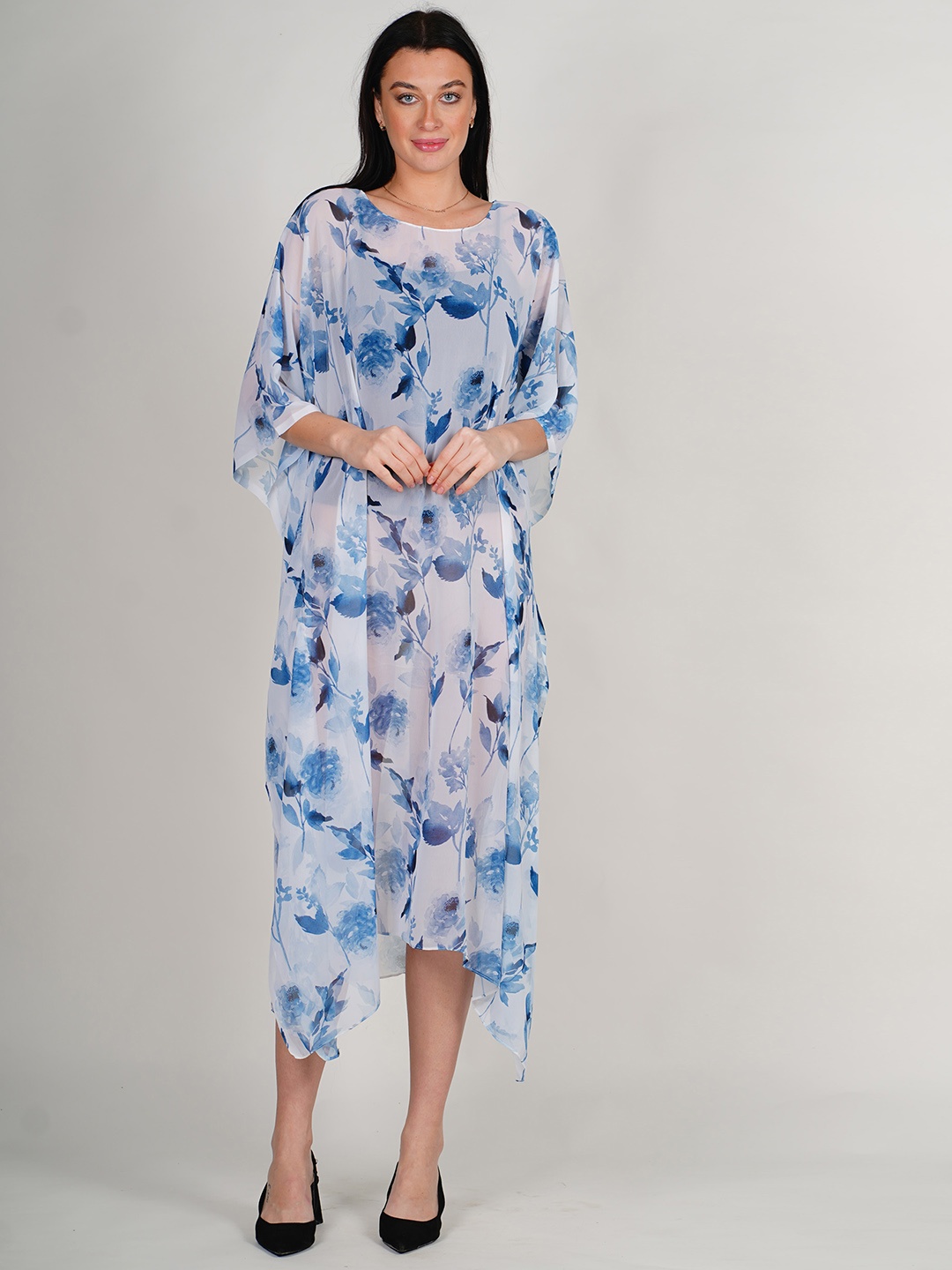 

Rajoria Instyle Floral Printed Extended Sleeves Georgette Kaftan Midi Dress, Blue