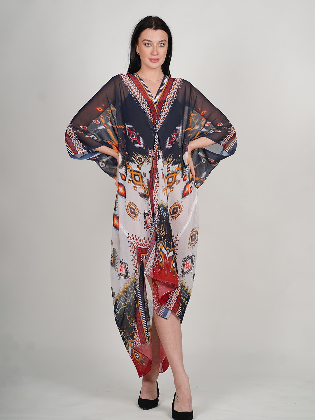 

Rajoria Instyle Ethnic Motifs Printed V-Neck Semi Sheer Georgette Kaftan Maxi Dress, White
