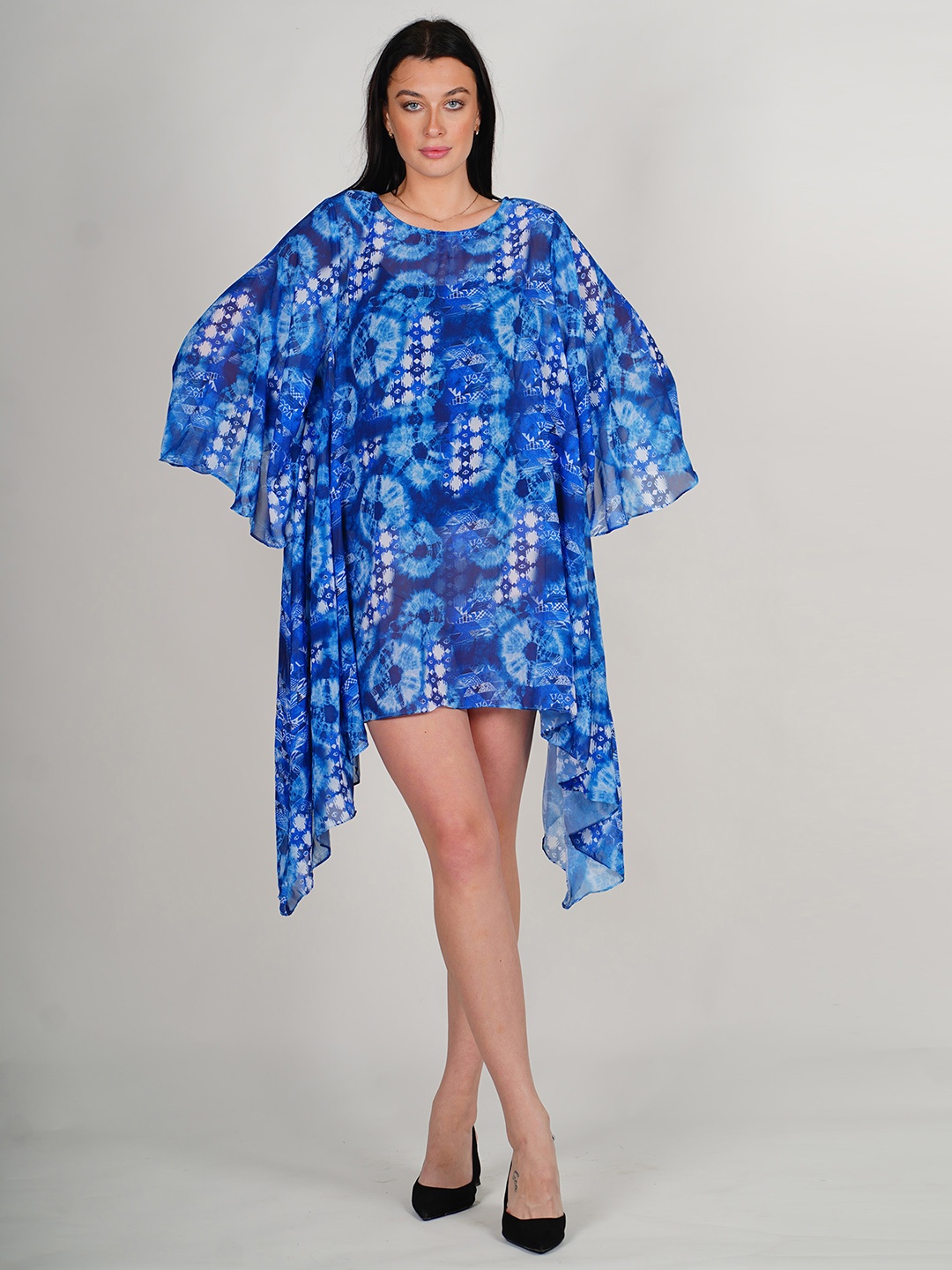 

Rajoria Instyle Abstract Printed Kimono Sleeves Georgette Kaftan Swimwear Cover Up Dress, Blue