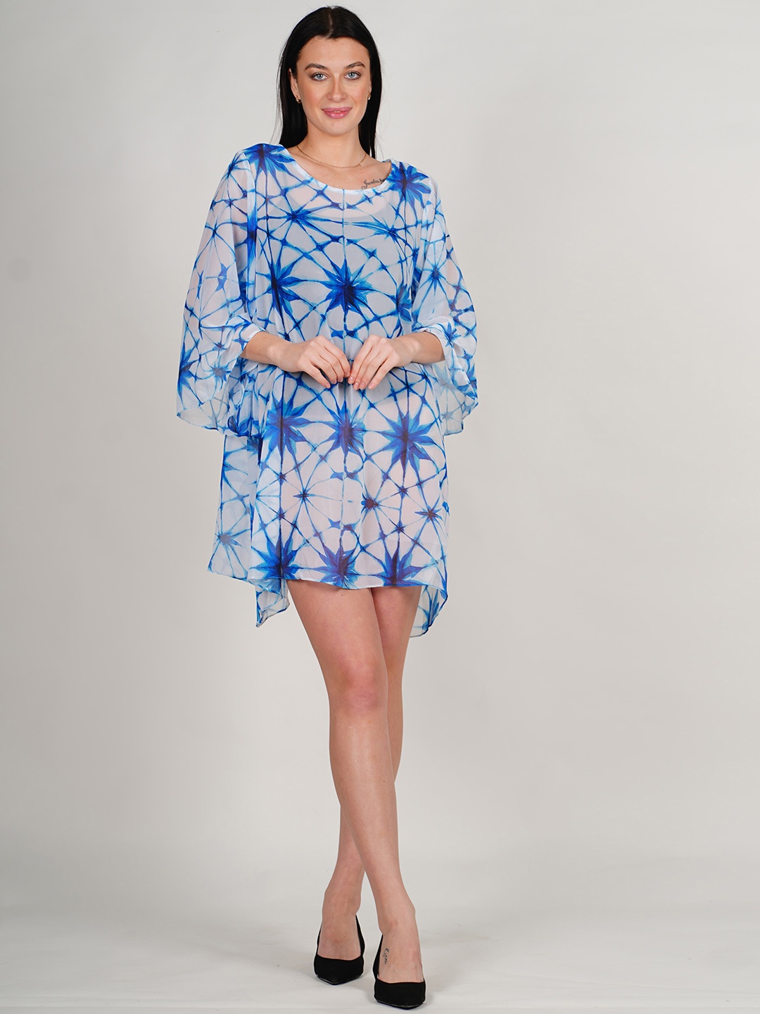

Rajoria Instyle Tie and Dye Extended Sleeves Semi Sheer Georgette Kaftan Dress, Blue