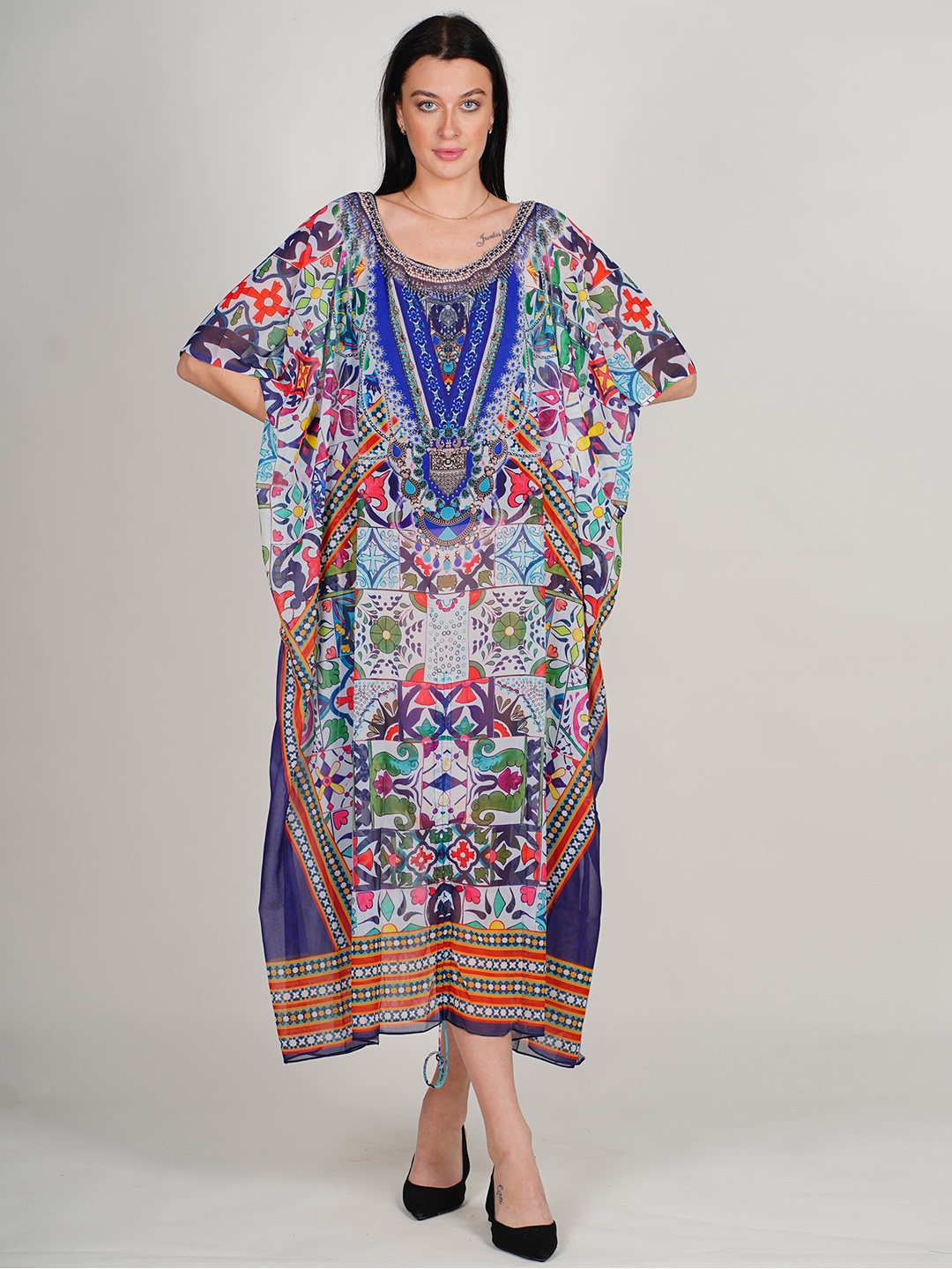 Rajoria Instyle Ethnic Motifs Printed V-Neck Semi Sheer Georgette Kaftan Midi Dress, Blue