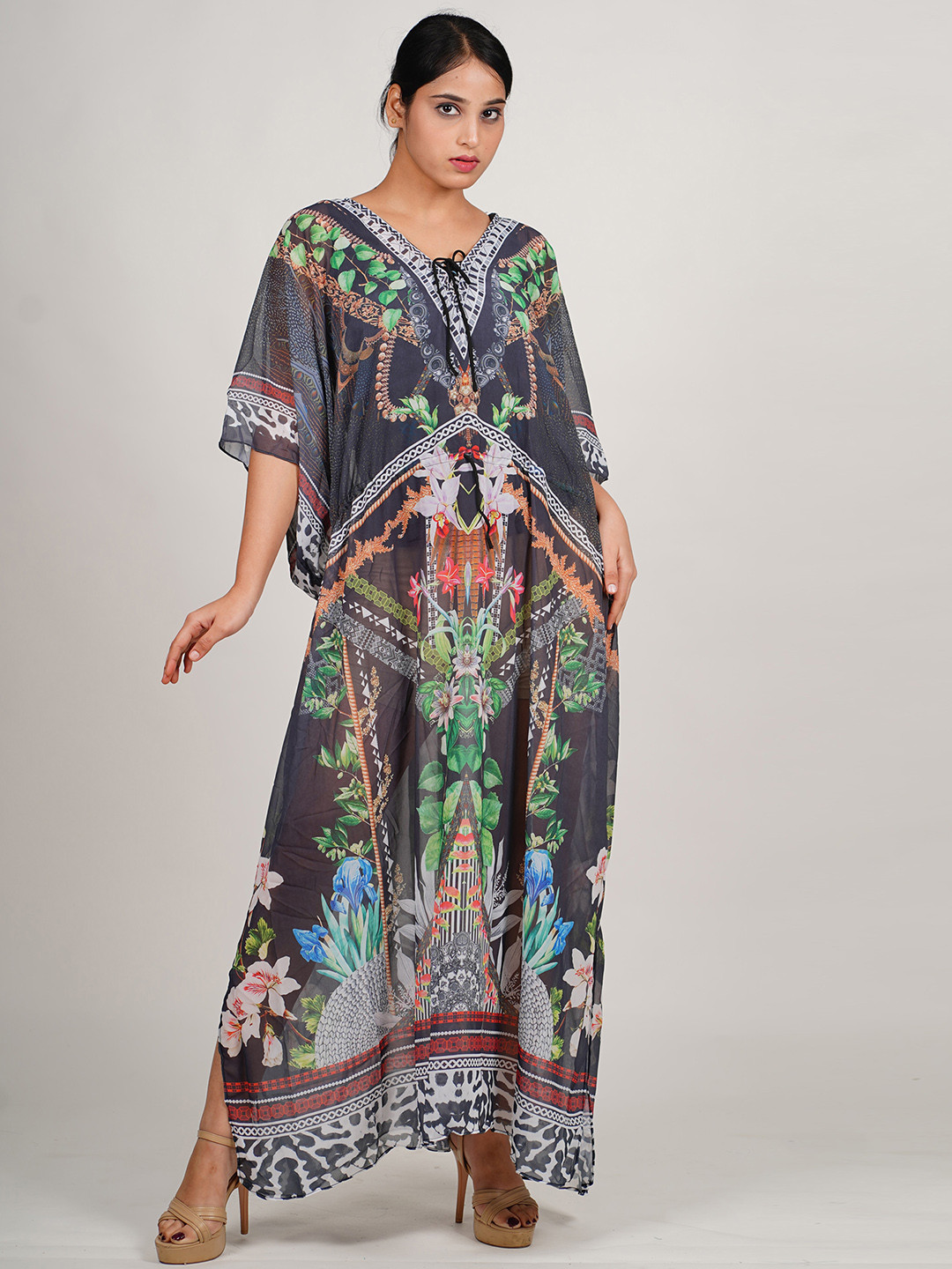 

Rajoria Instyle Floral Printed Kimono Sleeves Georgette Kaftan Swimwear Cover Up Dress, Black