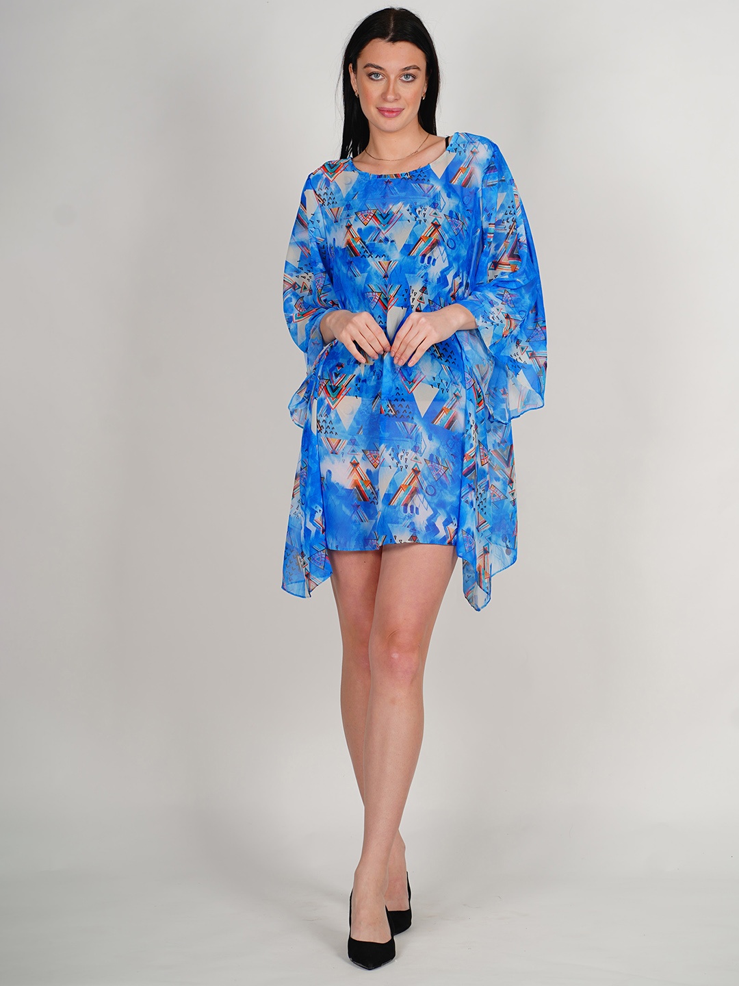 

Rajoria Instyle Geometric Printed Kimono Sleeves Georgette Kaftan Swimwear Cover Up Dress, Blue