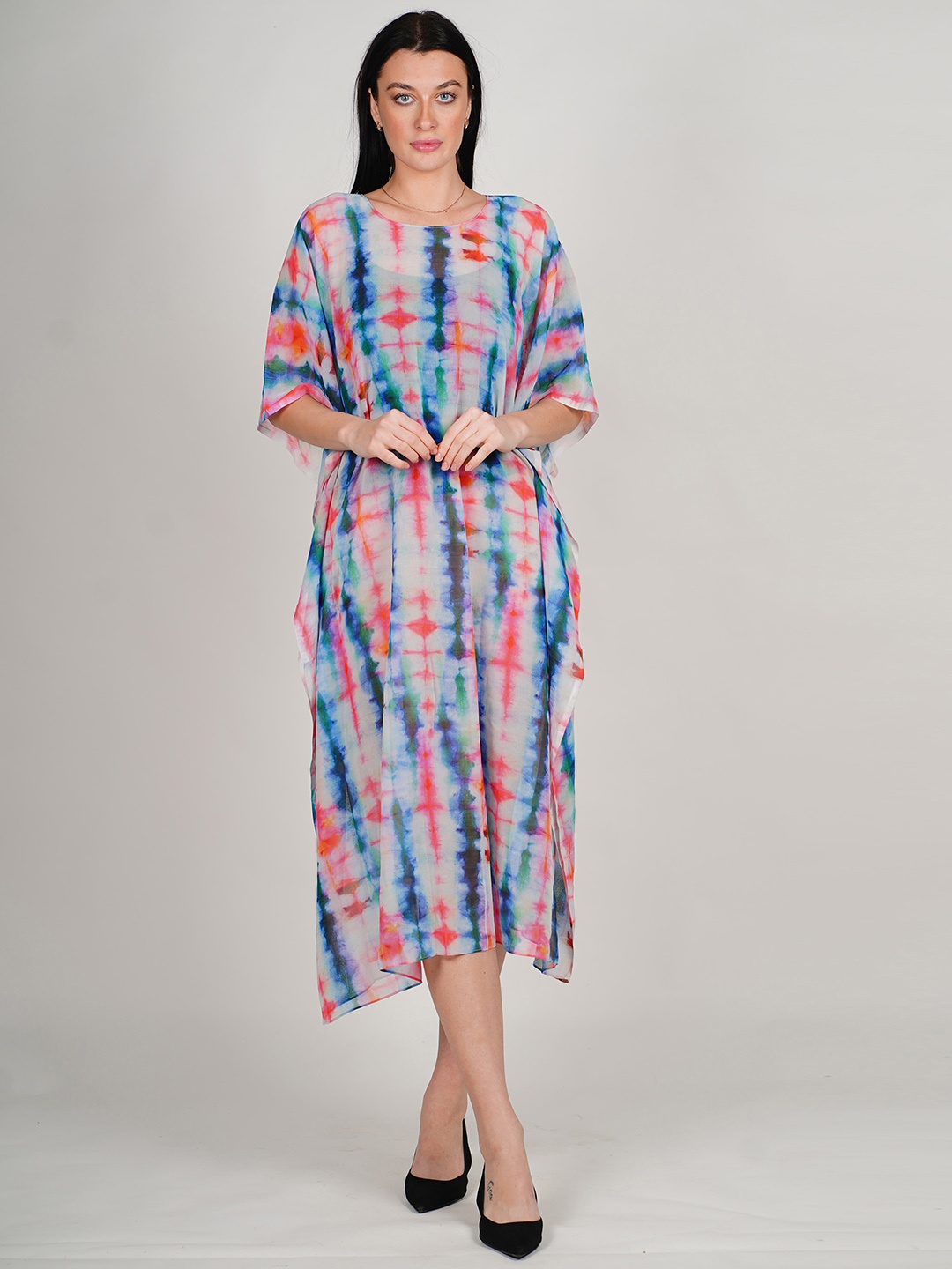 

Rajoria Instyle Tie and Dye Semi Sheer Georgette Kaftan Midi Dress, White
