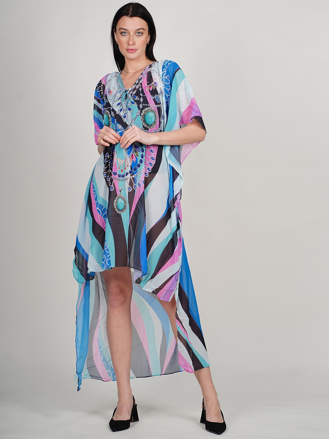 

Rajoria Instyle Abstract Printed Tie-Up Neck Extended Sleeves Georgette Kaftan Dress, Multi