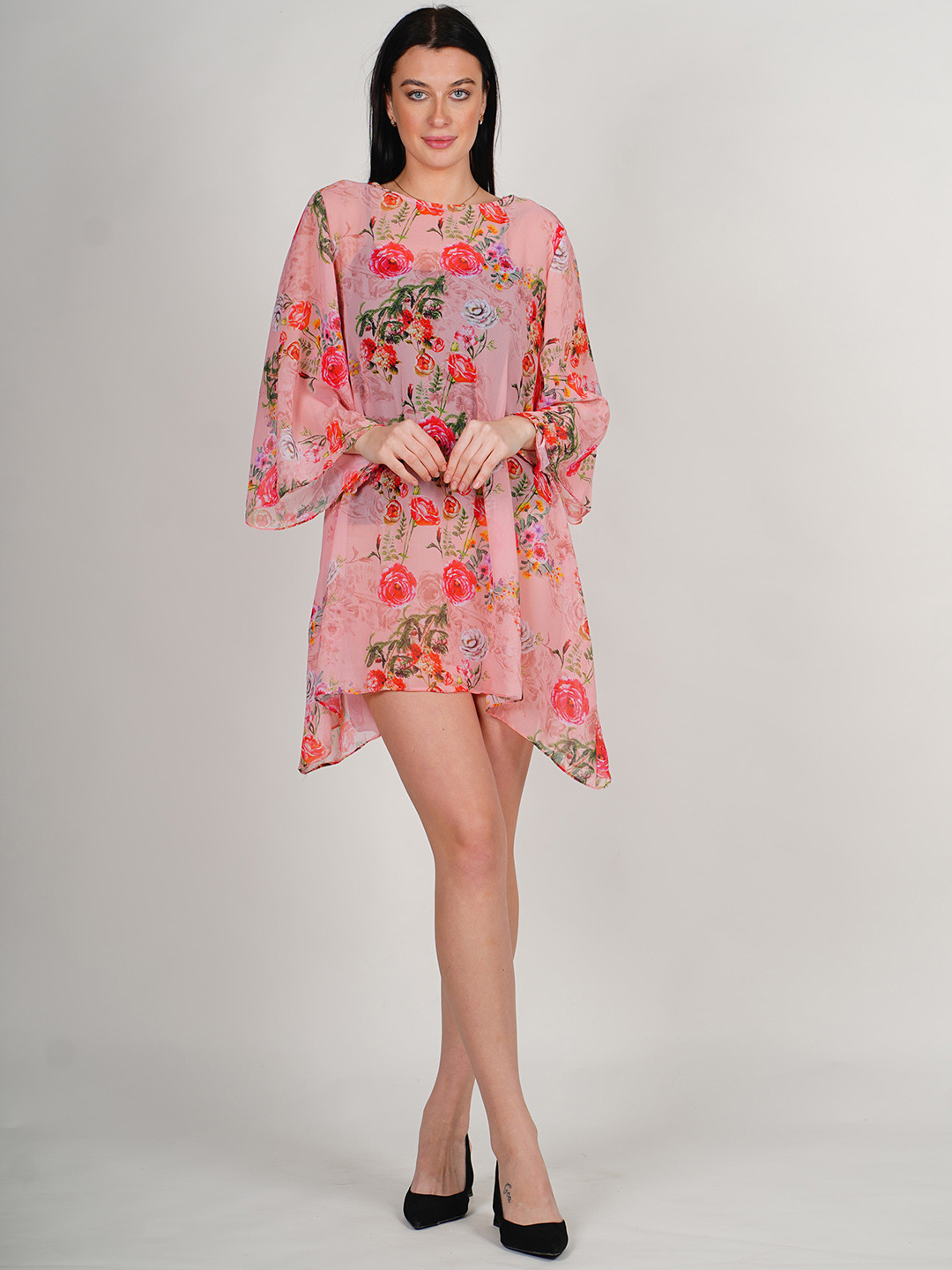 

Rajoria Instyle Floral Print Flared Sleeve Georgette A-Line Mini Dress, Pink