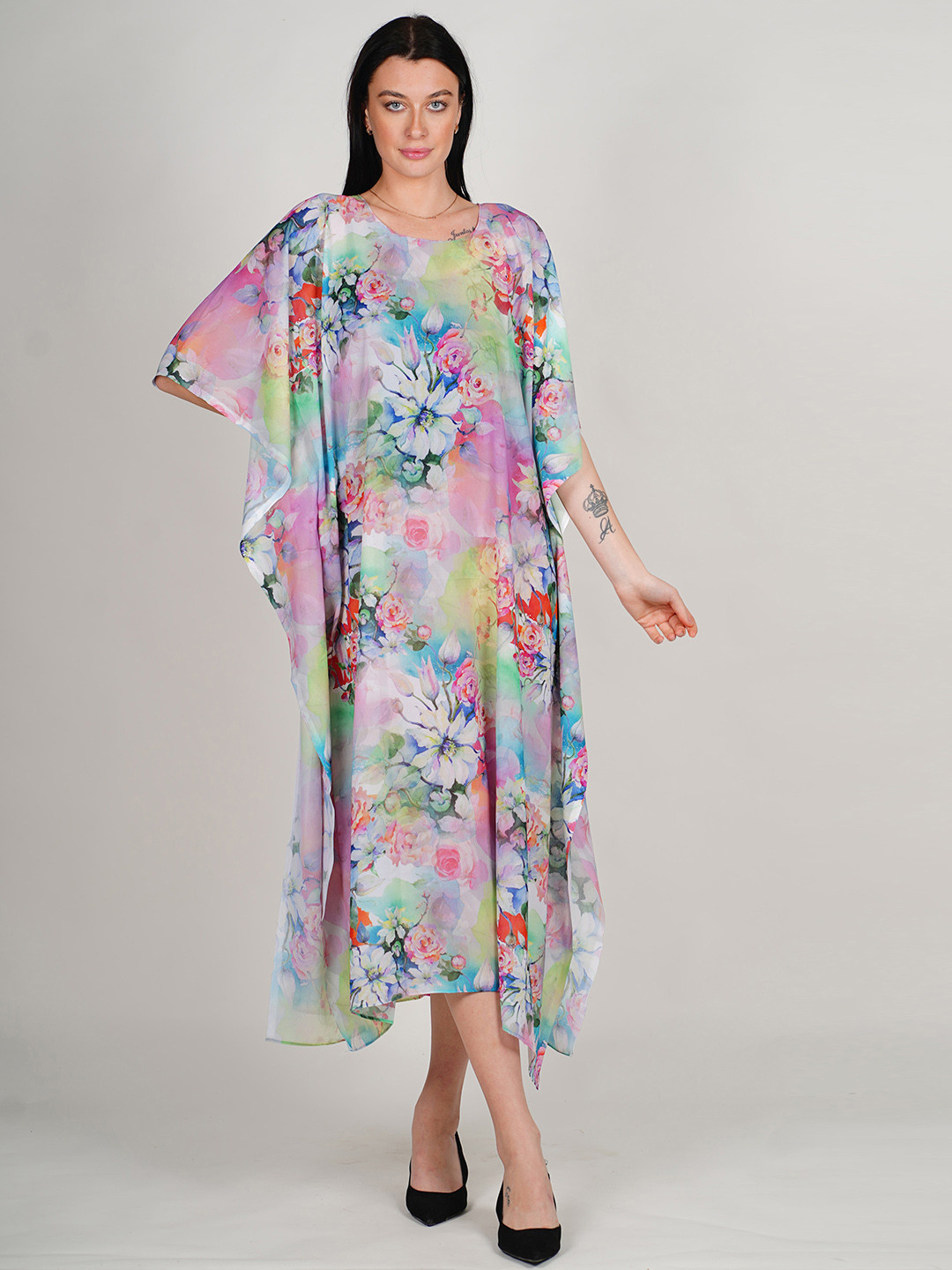 

Rajoria Instyle Floral Print Kimono Sleeve Georgette Kaftan Midi Dress, Lavender