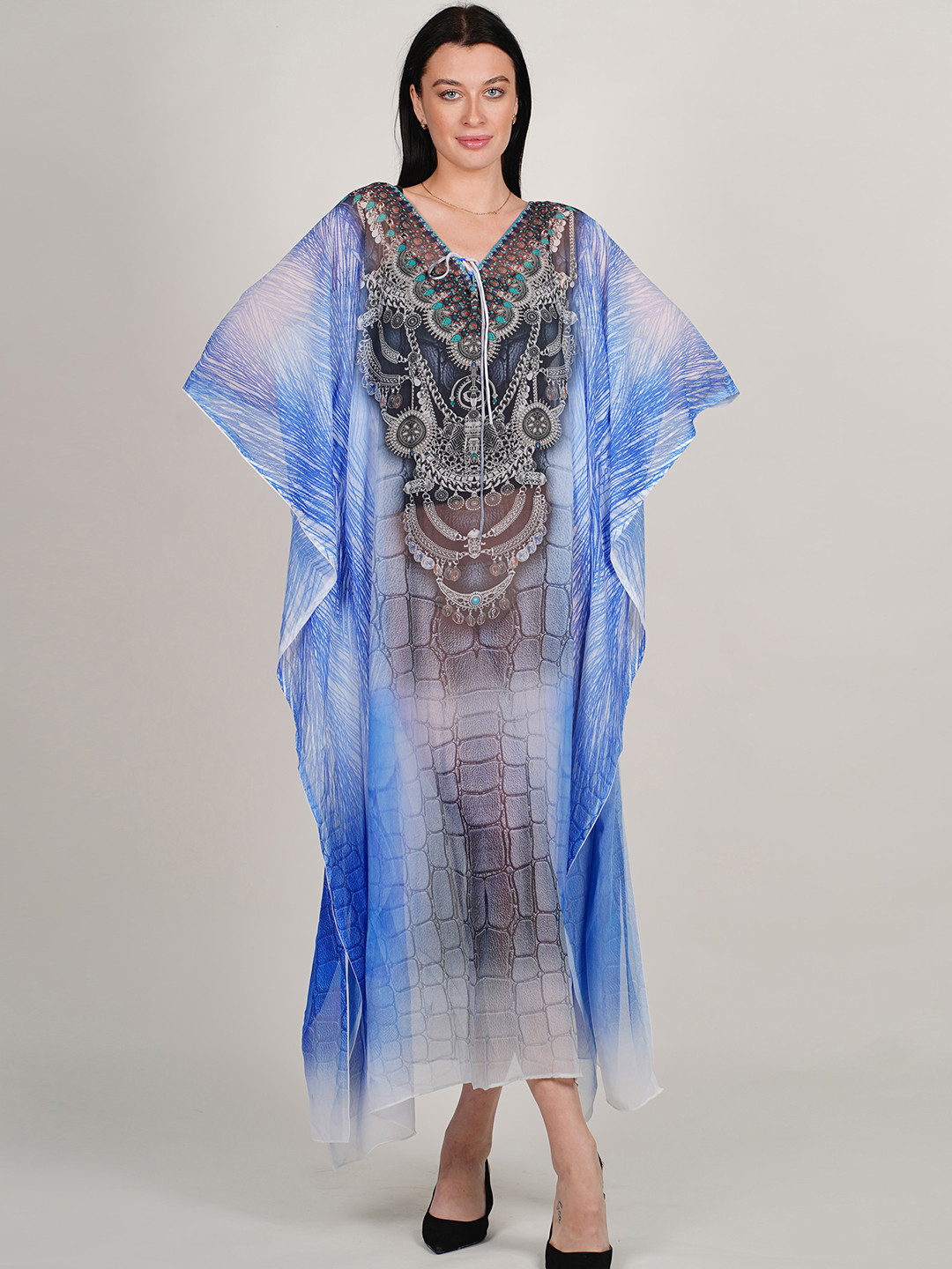

Rajoria Instyle Ethnic Printed Kimono Sleeves Georgette Kaftan Midi Dress, Blue