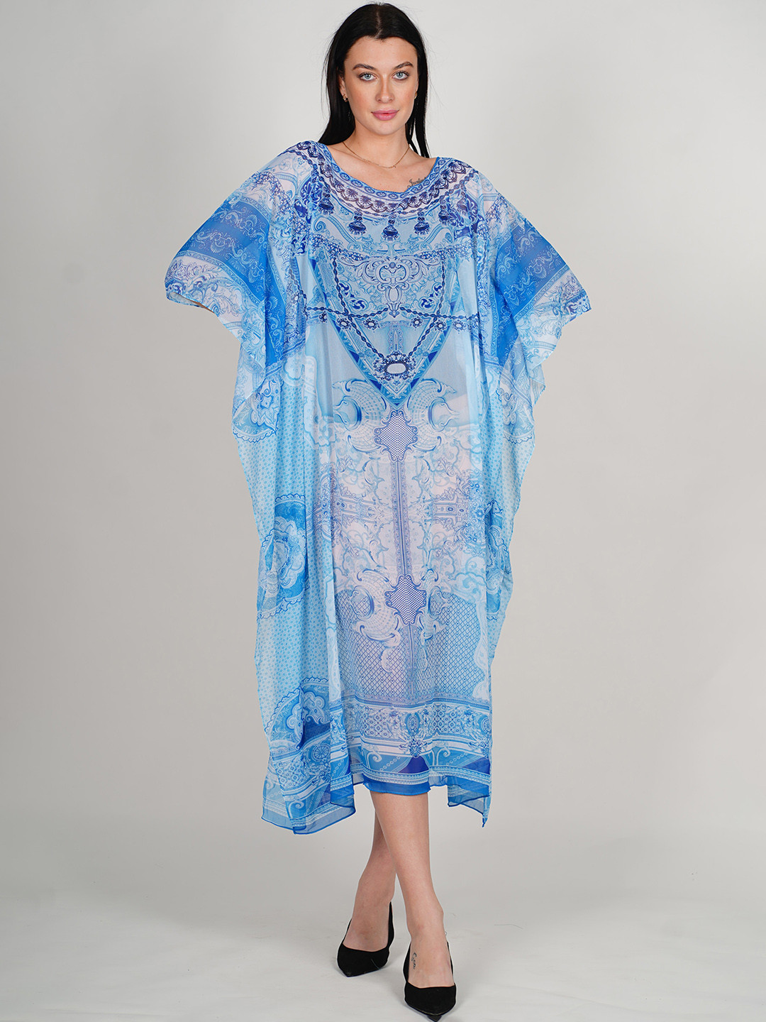 

Rajoria Instyle Ethnic Motifs Printed Kimono Sleeves Kaftan Swimwear Cover Up Dress, Blue