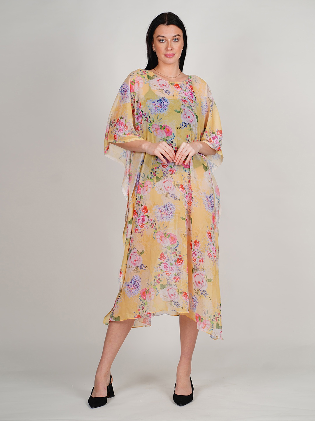 

Rajoria Instyle Floral Printed Extended Sleeves Georgette Kaftan Dress, Yellow