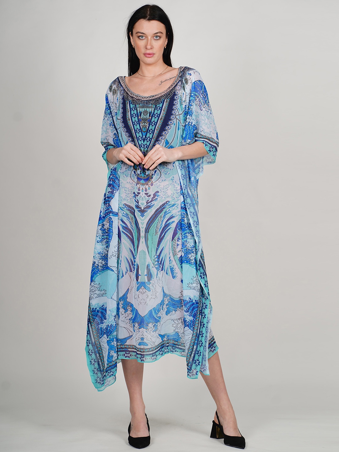 

Rajoria Instyle Conversational Printed Kimono Sleeves Kaftan Swimwear Cover Up Dress, Blue