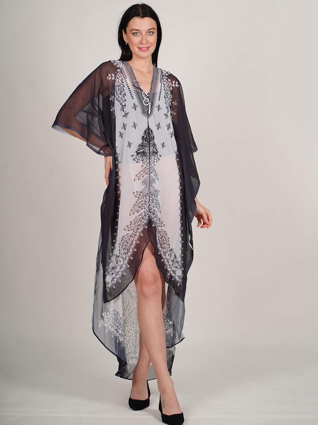 

Rajoria Instyle Ethnic Motifs Printed Tie-Up Neck Extended Sleeves Georgette Kaftan Dress, White
