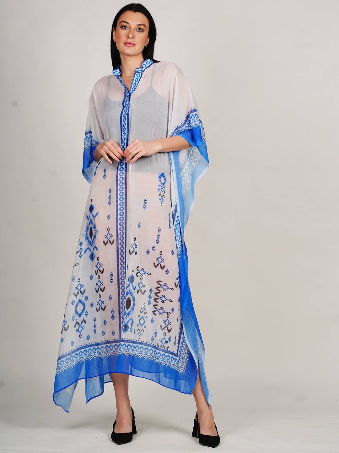 

Rajoria Instyle Geometric Printed Kimono Sleeves Georgette Kaftan Swimwear Cover Up Dress, White