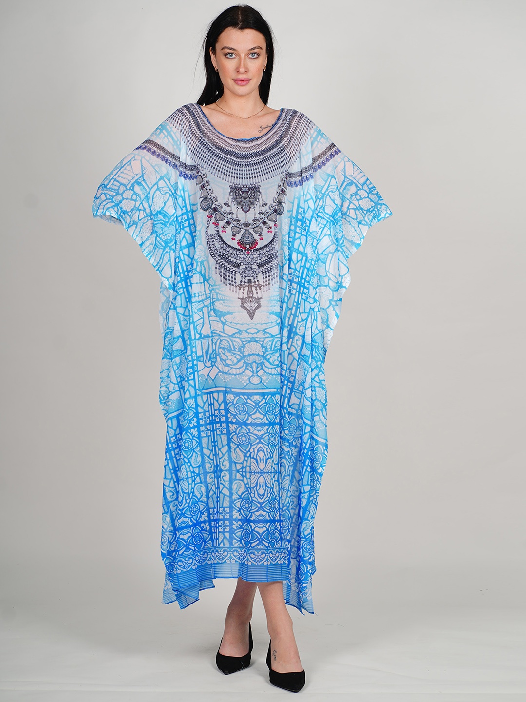 

Rajoria Instyle Print Kimono Sleeve Georgette Kaftan Maxi Dress, Blue