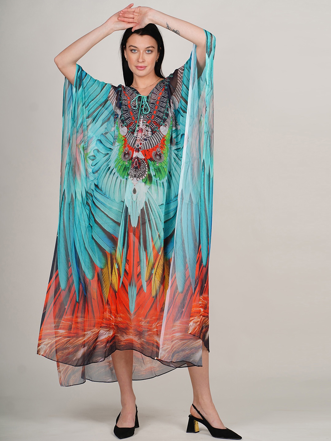 Rajoria Instyle Print Kimono Sleeve Georgette Kaftan Maxi Dress, Blue