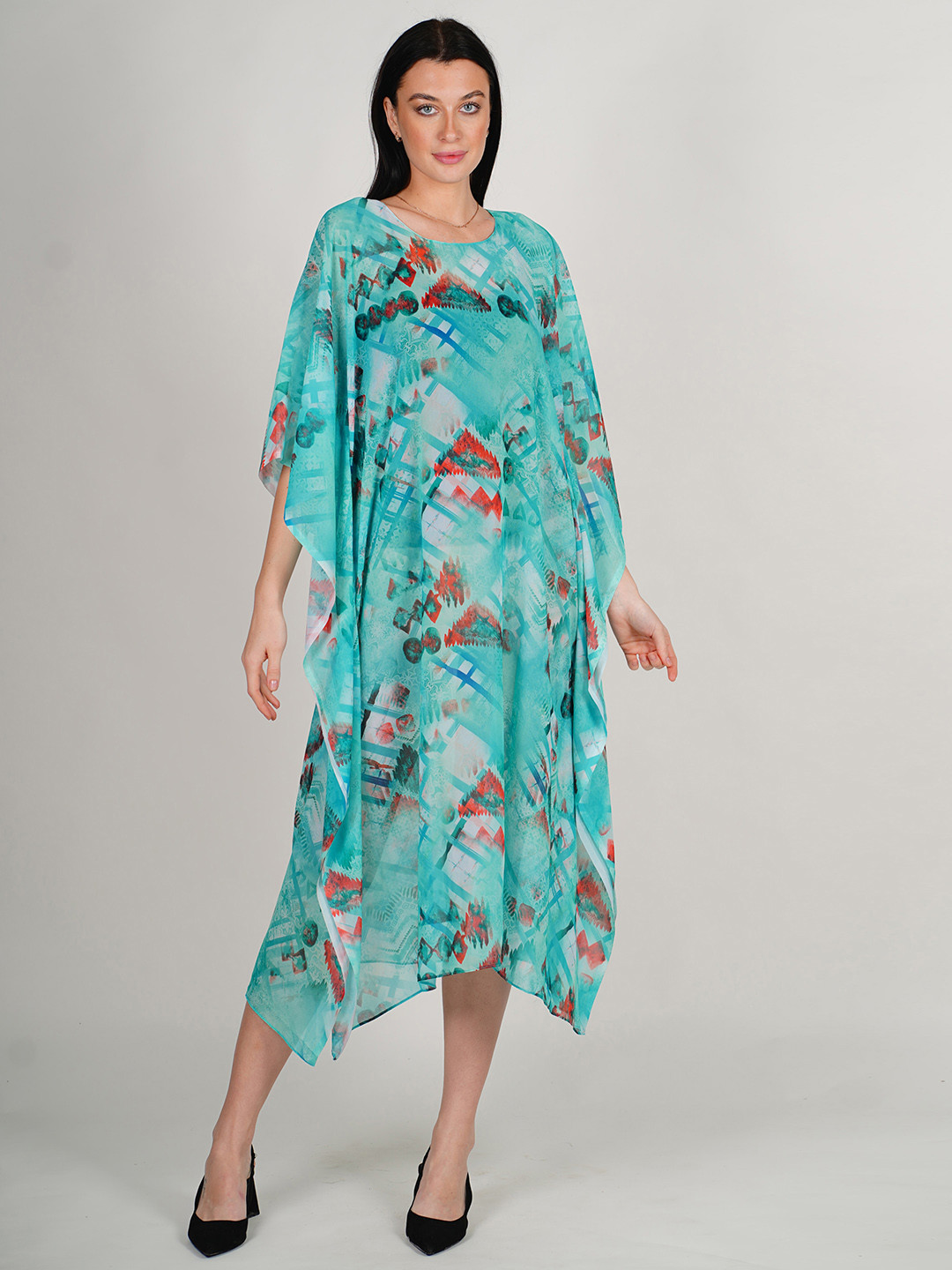 

Rajoria Instyle Abstract Printed Kimono Sleeve Semi Sheer Georgette Kaftan Midi Dress, Blue