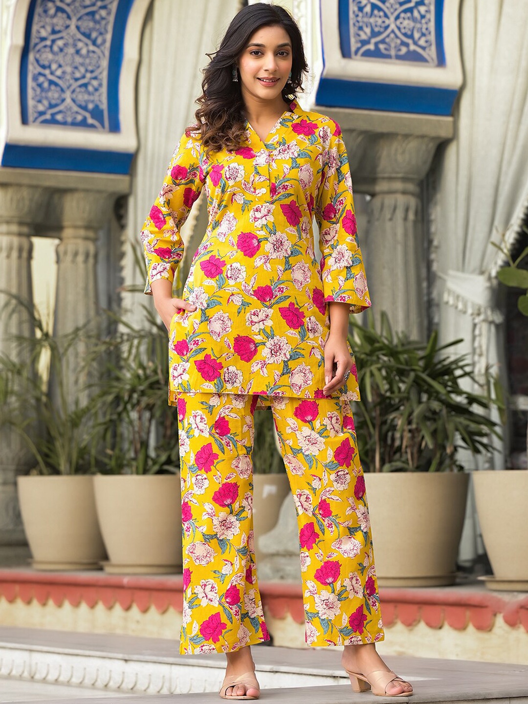 

Varanga Floral Printed Pure Cotton Tunic With Trouser Co-Ords, Yellow