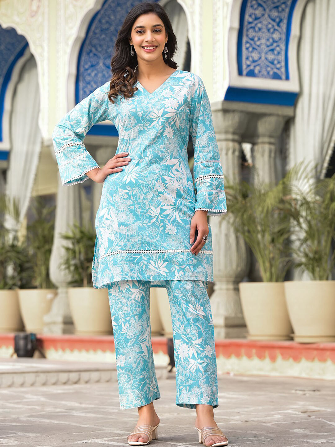 

Varanga Floral Printed Pure Cotton Tunic With Trouser Co-Ords, Blue