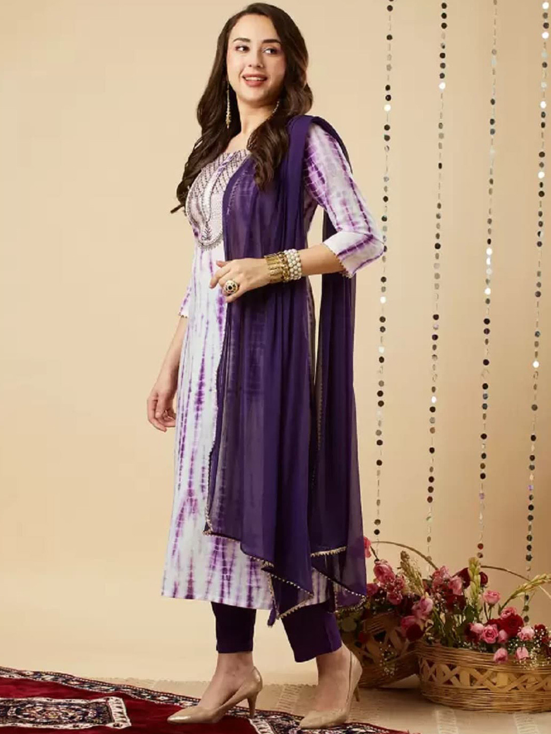 

BAESD Ethnic Motifs Yoke Design Round Neck Straight Kurta with Trousers & Dupatta, Purple