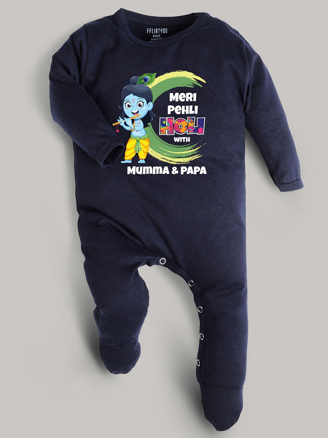 

FFLIRTYGO Infants Holi Printed Pure Cotton Sleepsuit, Navy blue