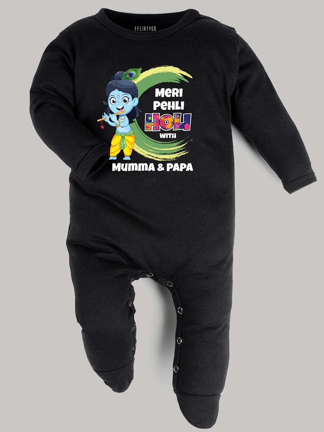 

FFLIRTYGO Infants Holi Printed Pure Cotton Sleepsuit, Black