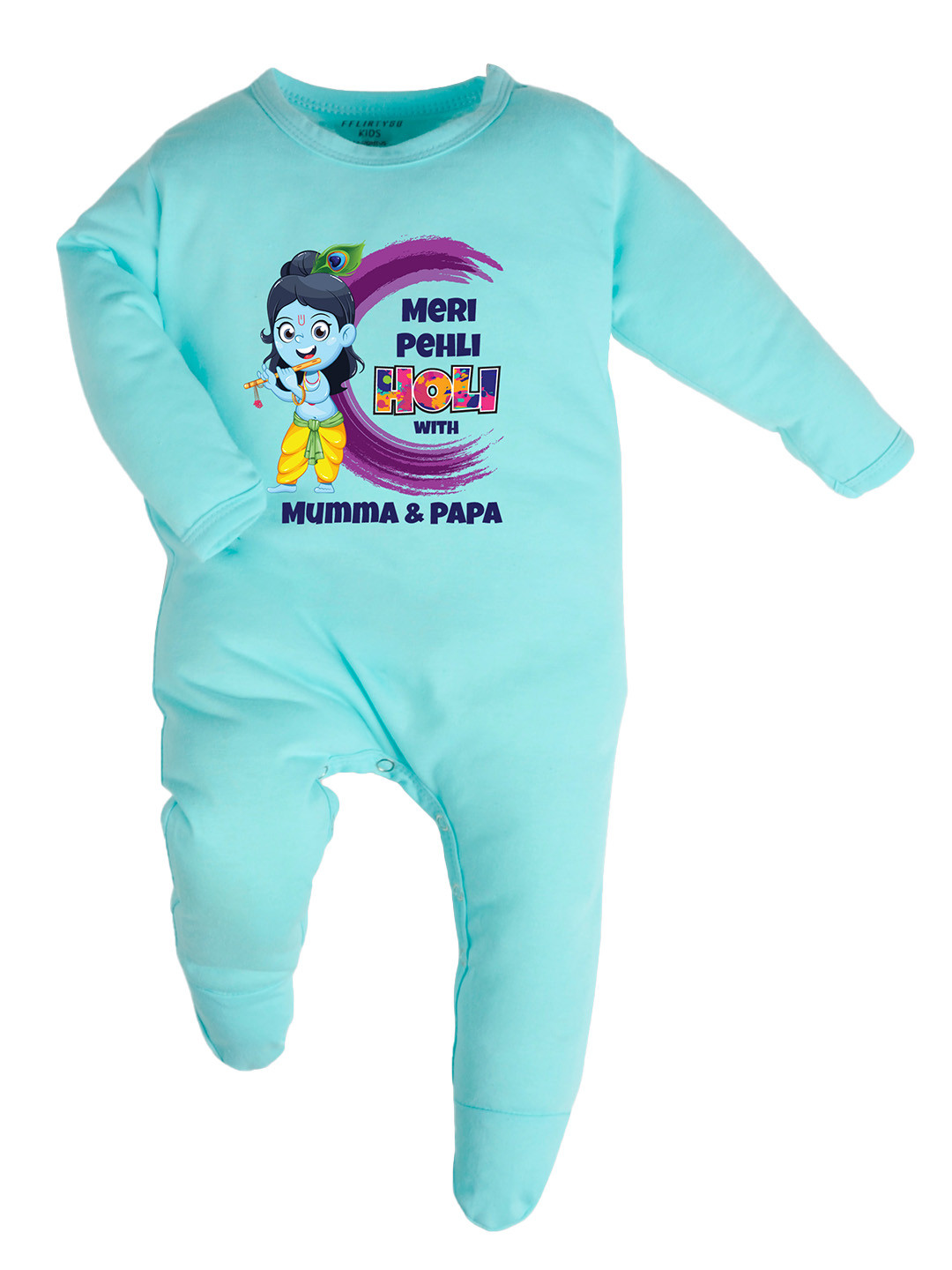 

FFLIRTYGO Infants Holi Printed Cotton Sleepsuit, Turquoise blue