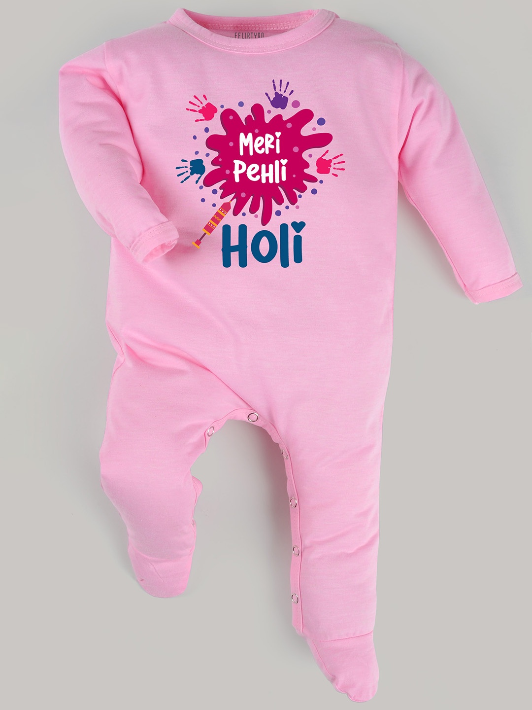 

FFLIRTYGO Infants Holi Printed Pure Cotton Sleepsuit, Pink