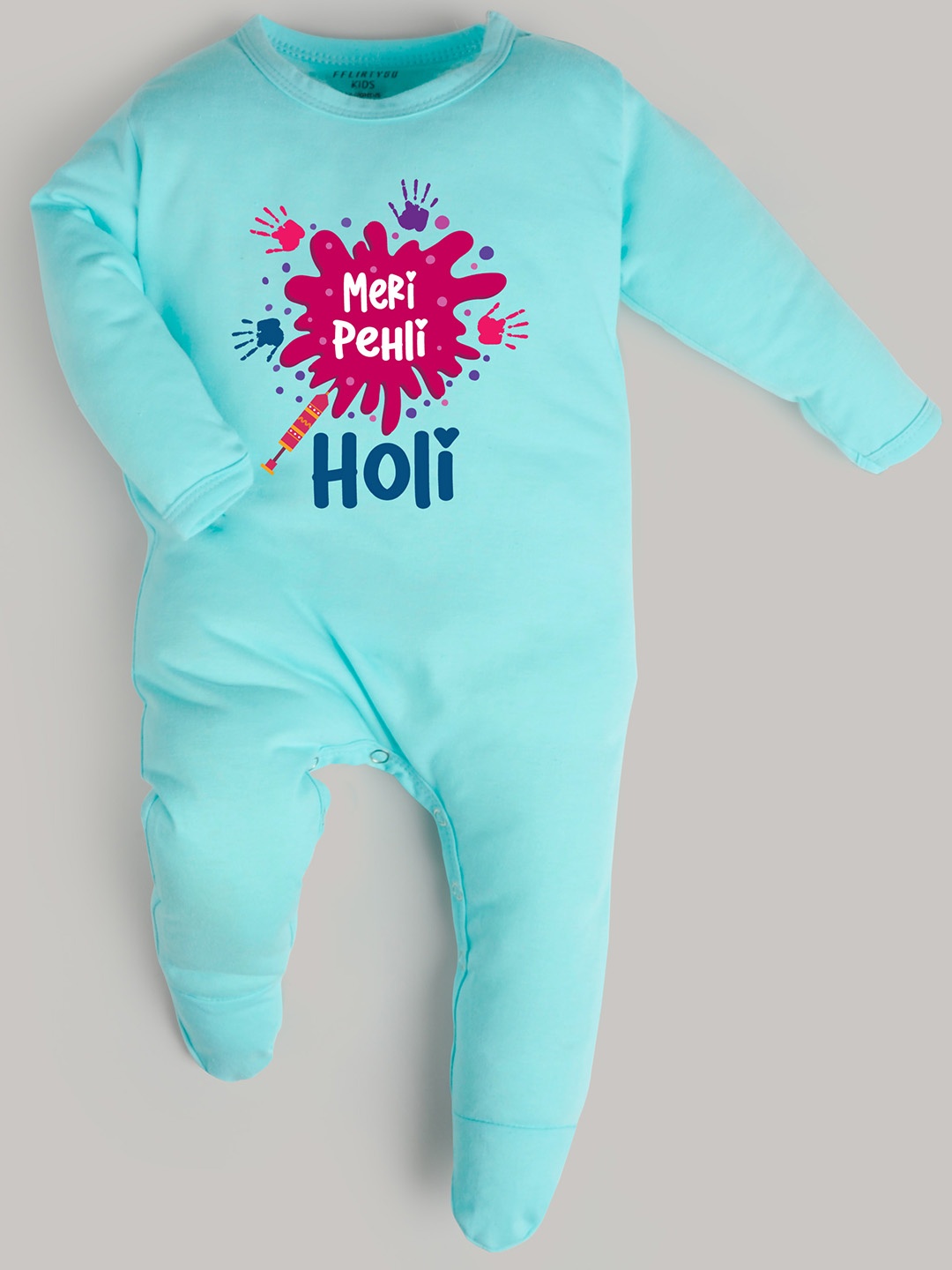 

FFLIRTYGO Infants Holi Printed Pure Cotton Sleepsuit, Turquoise blue