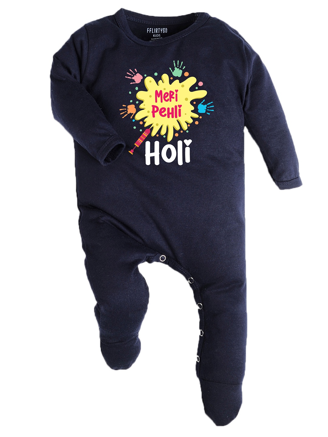 

FFLIRTYGO Infants Holi Printed Pure Cotton Sleepsuit, Navy blue