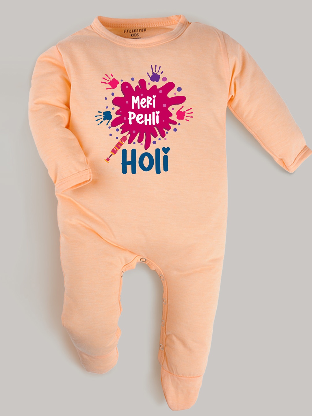 

FFLIRTYGO Infants Holi Printed Pure Cotton Sleepsuit, Peach