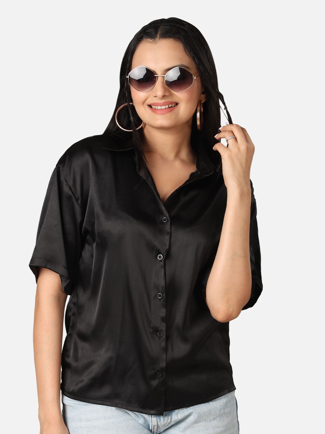 

NEOFAA Custom Semi Sheer Satin Casual Shirt, Black