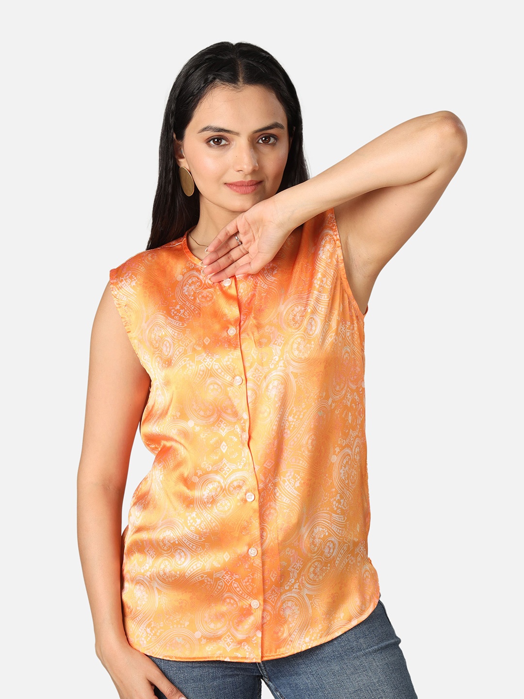 

NEOFAA Floral Satin Sleeveless Shirt, Orange