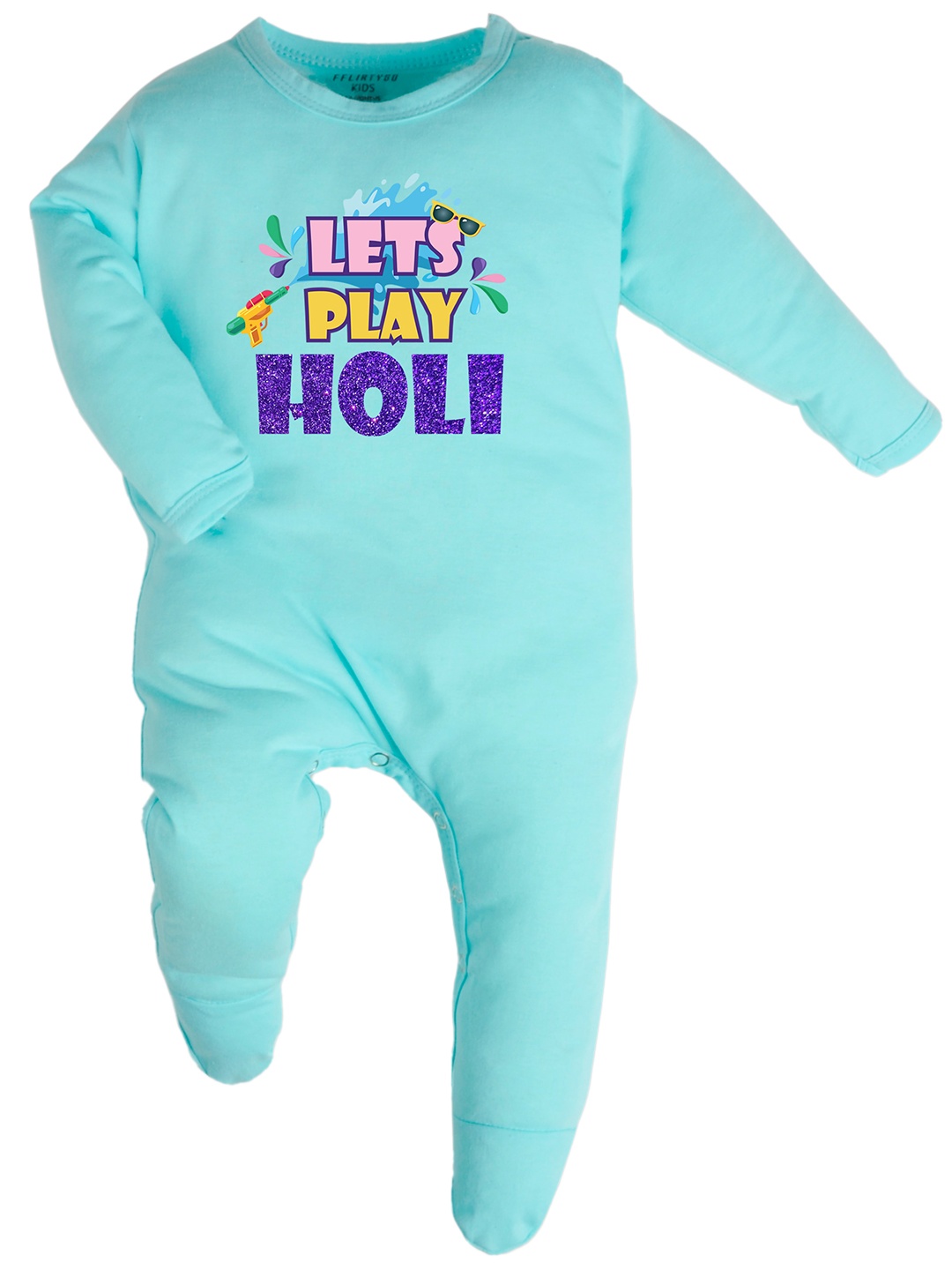 

FFLIRTYGO Infants Holi Printed Pure Cotton Sleepsuit, Turquoise blue