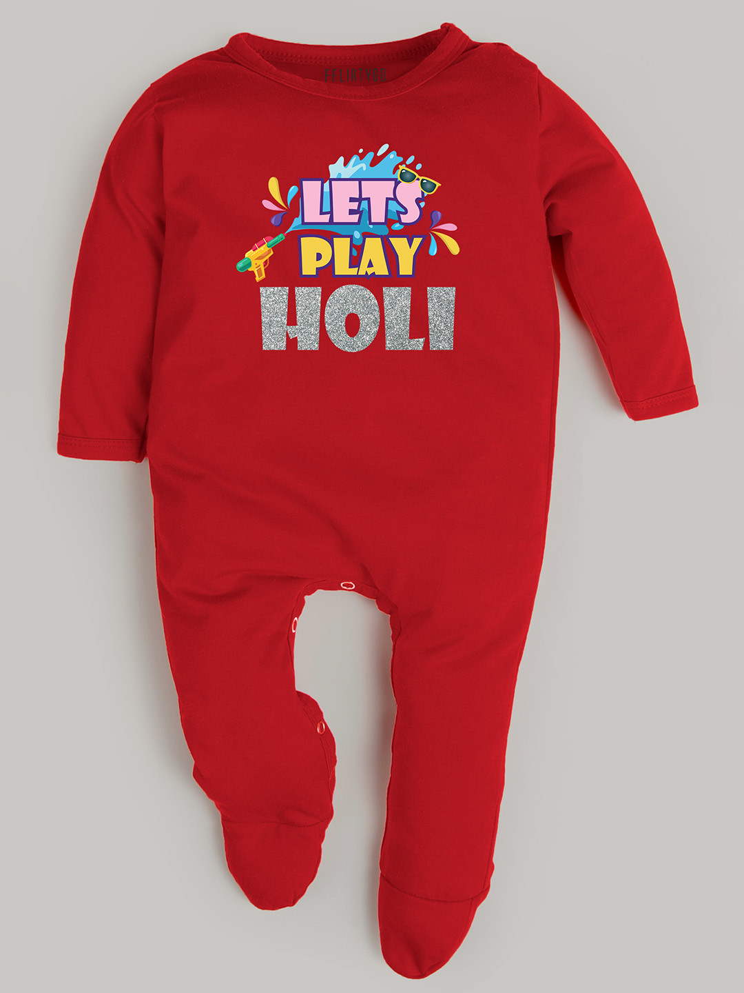 

FFLIRTYGO Infants Holi Printed Pure Cotton Sleepsuit, Red