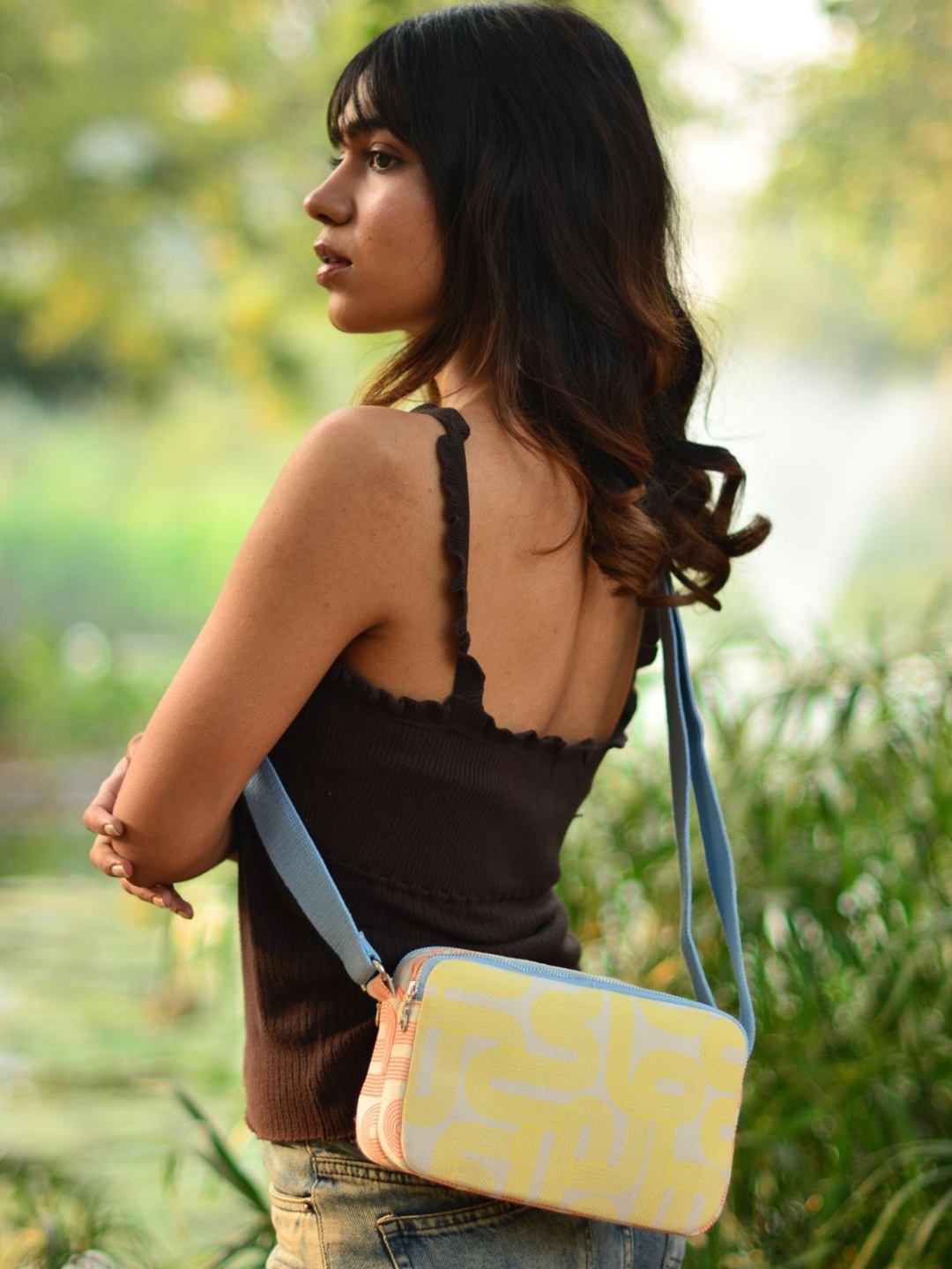

EcoRight Printed Structured Sling Bag, Yellow