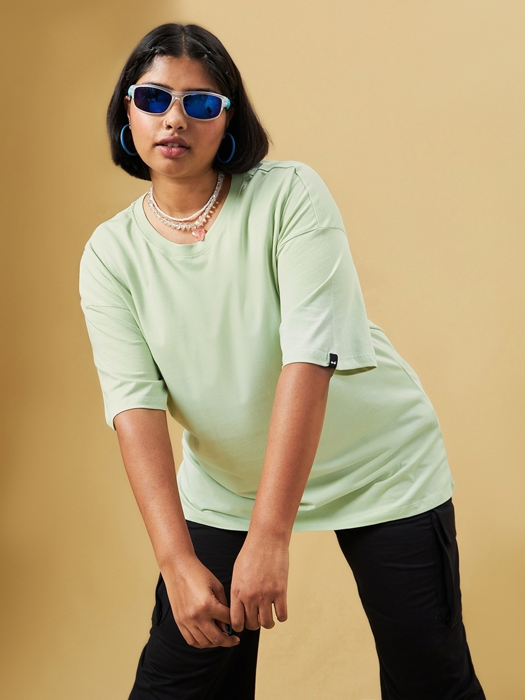Bewakoof Plus Drop Shoulder Sleeves Cotton Oversized Longline T-shirt, Green