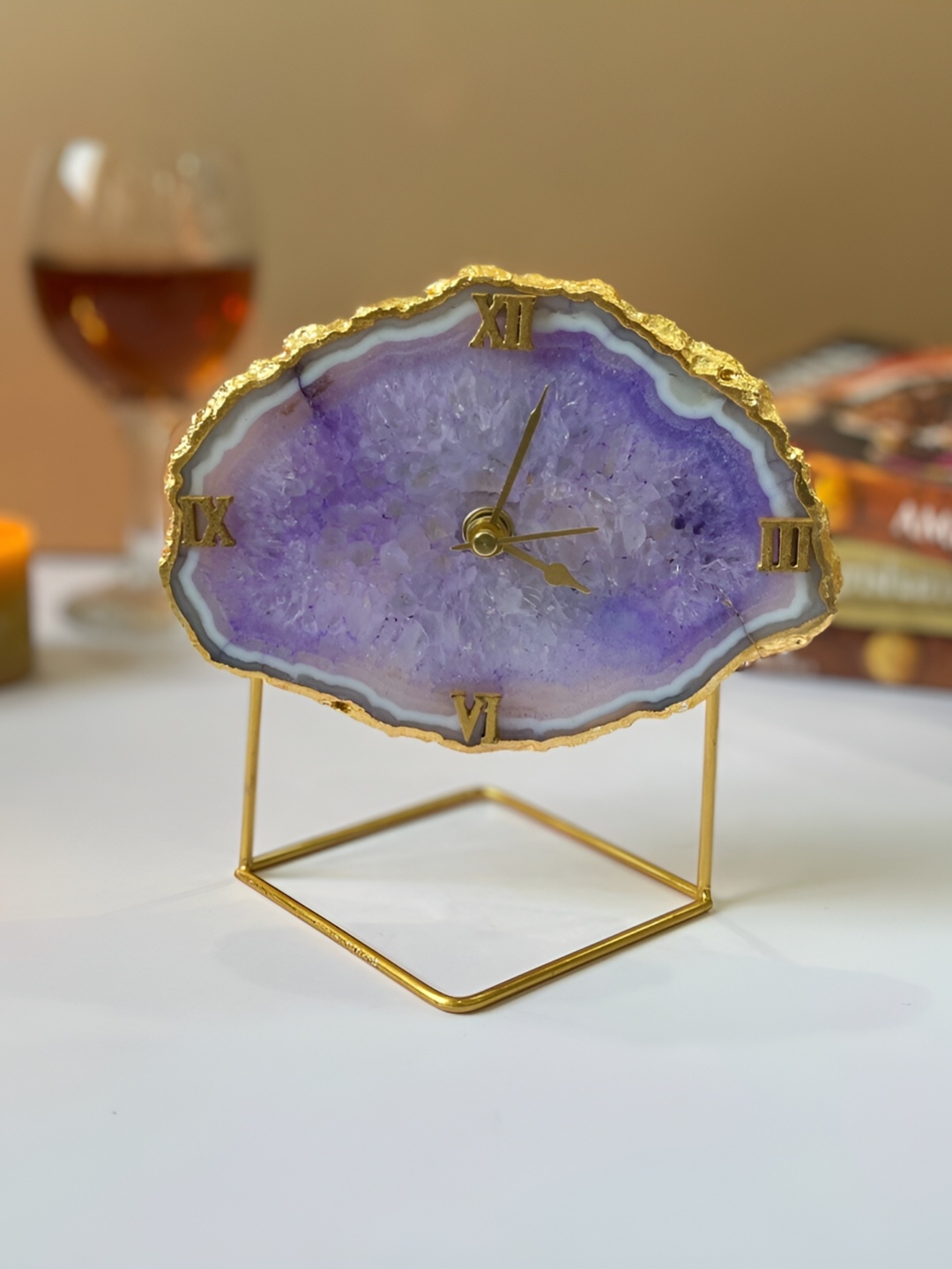 

HOMEARTE Purple & Gold Toned Abstract Shaped Crystal Vintage Analogue Table Clock