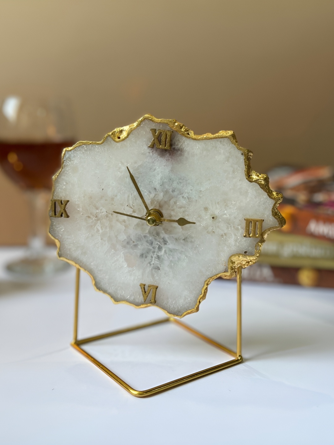 

HOMEARTE White & Gold Toned Abstract Shaped Crystal Vintage Analogue Table Clock