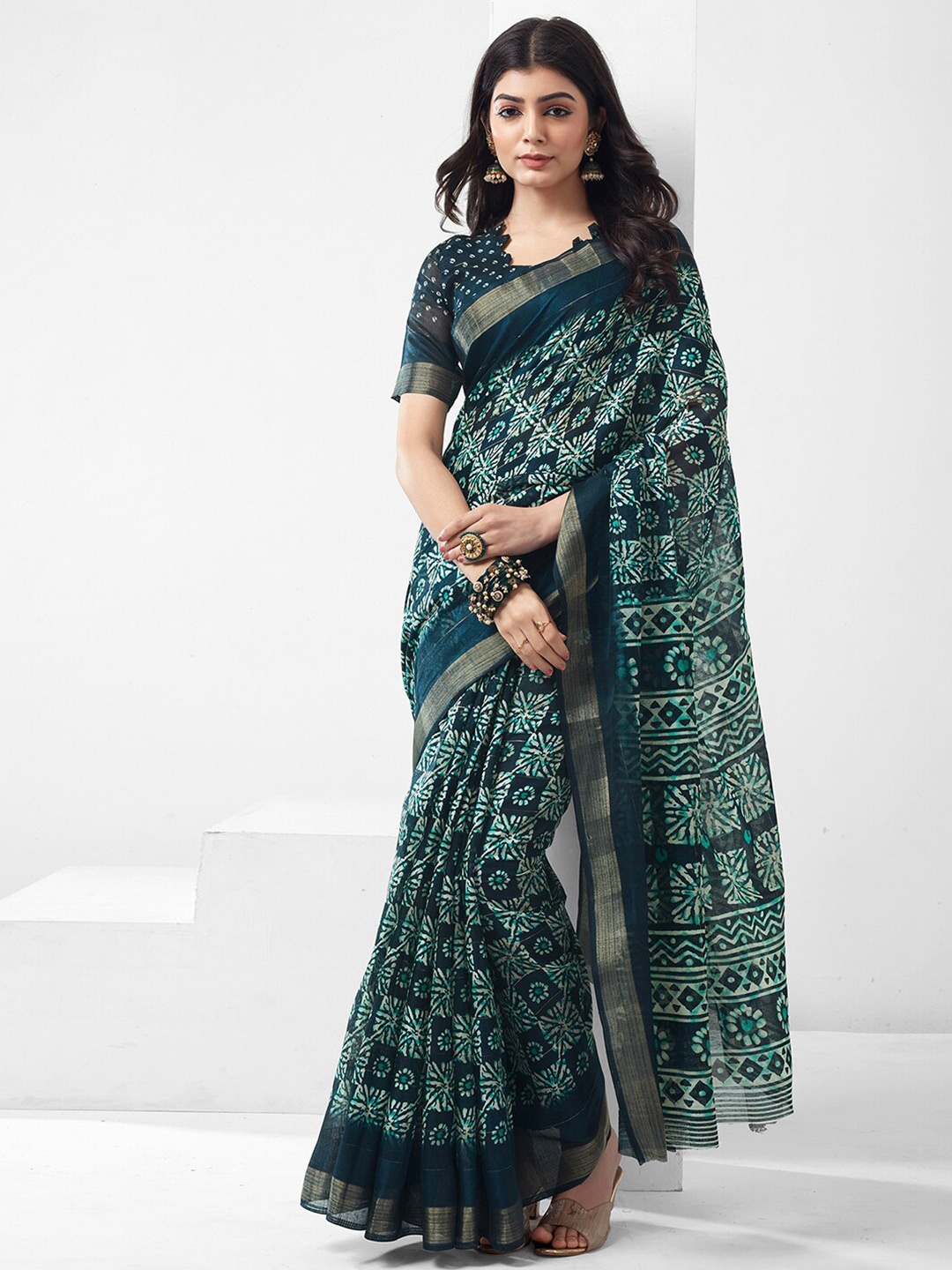 

KALINI Batik Printed Zari Saree, Navy blue