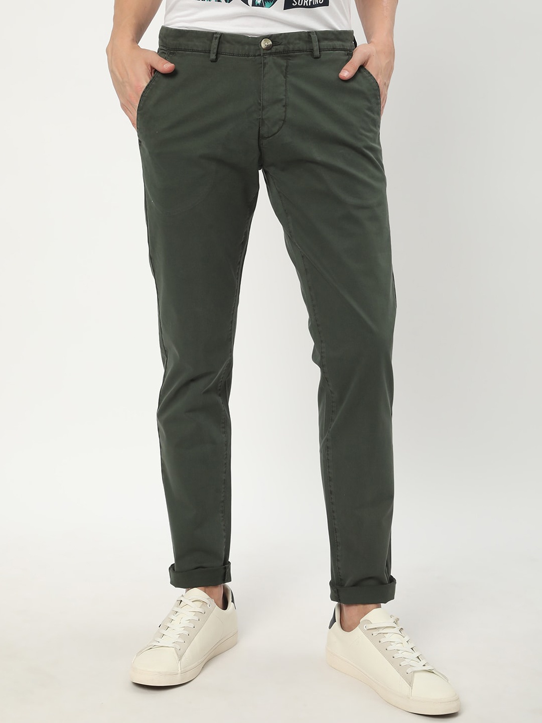 

R&B Men Slim Fit Mid-Rise Cotton Regular Trousers, Olive