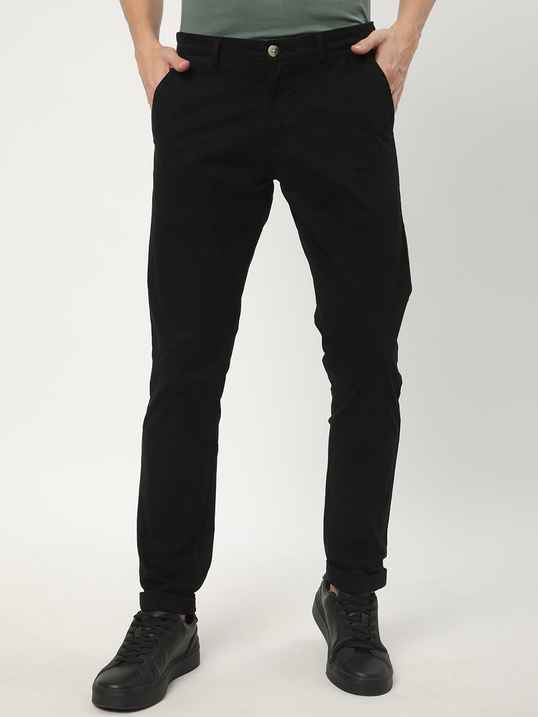 

R&B Men Slim Fit Mid-Rise Cotton Regular Trousers, Black