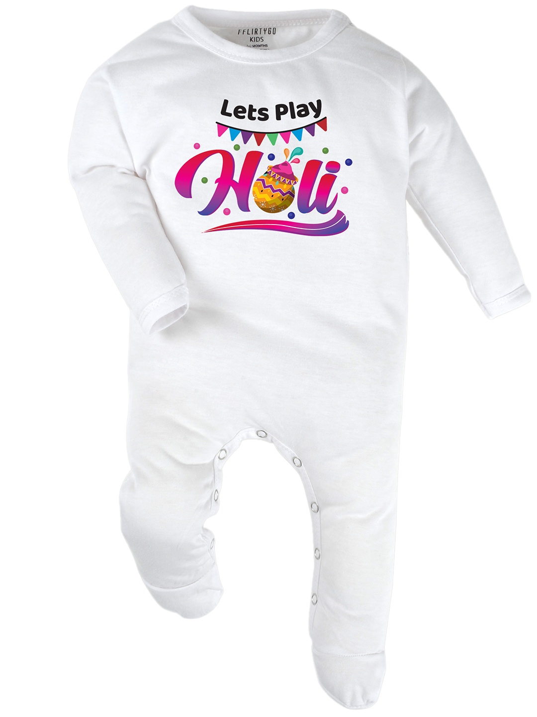 

FFLIRTYGO Infants Holi Printed Pure Cotton Sleepsuit, White