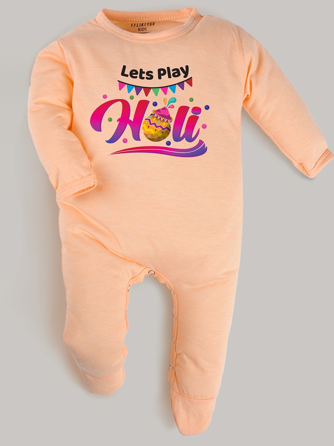 

FFLIRTYGO Infants Holi Printed Pure Cotton Sleepsuit, Peach
