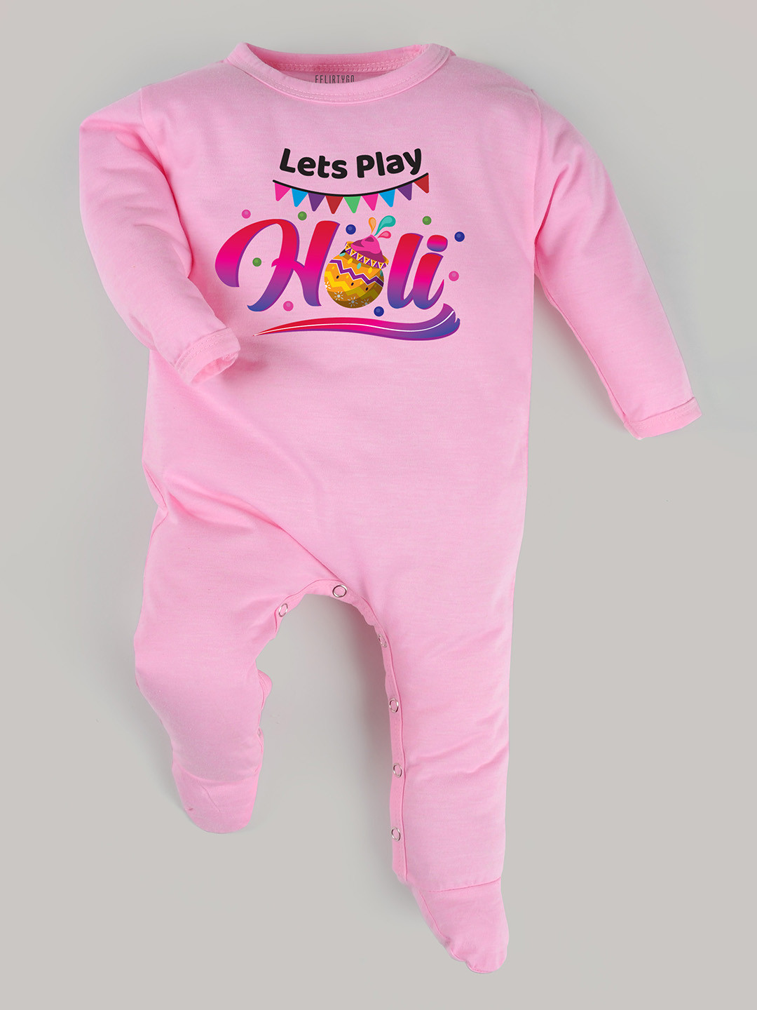 

FFLIRTYGO Infant Printed Holi Special Pure Cotton Sleepsuit, Pink