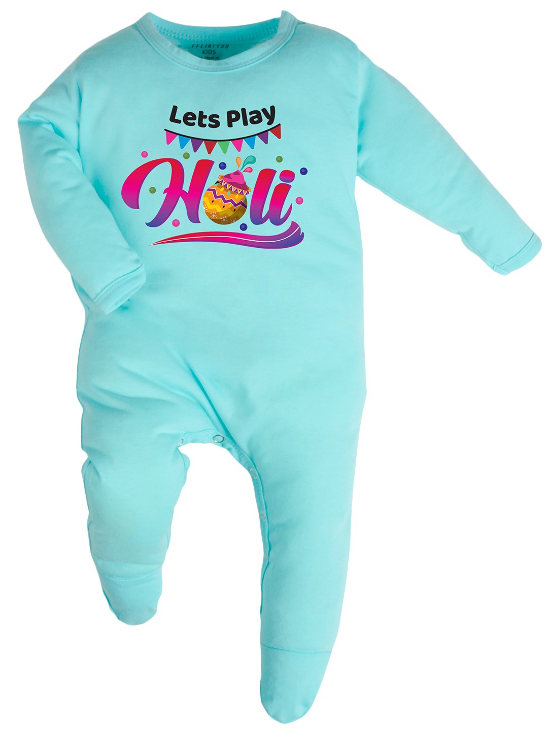 

FFLIRTYGO Infant Printed Holi Special Sleepsuit, Turquoise blue